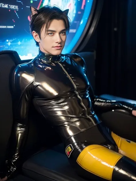 ((young male)), brown hair, yellow eyes, cat ears, cat tail, sexy latex bodysuit, light armor, [skinny:muscular:0.7], science fi...