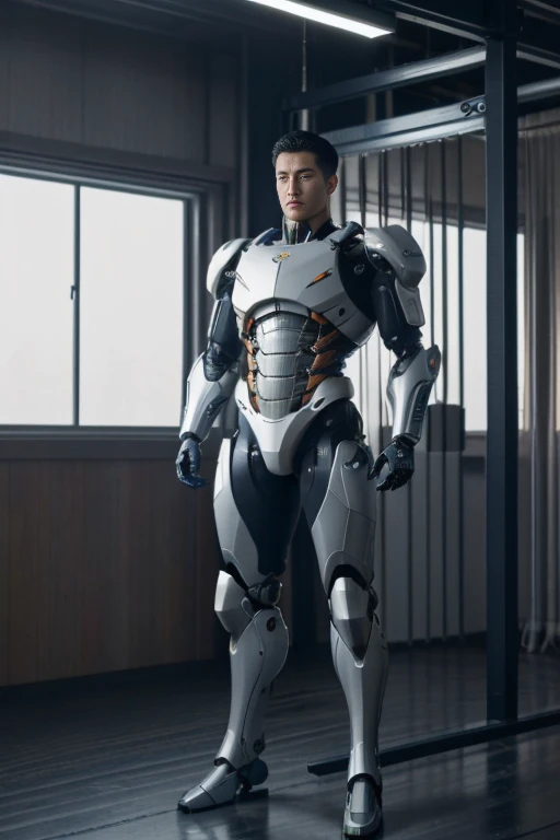 1 mechanical boy , (((masterpiece))), (((best quality))), ((ultra-detailed)), (highly detailed CG illustration), ((an extremely delicate and beautiful)),  closeup shot an image of handsome Aritouch as  huge body top half of the men are people mix robot mec...