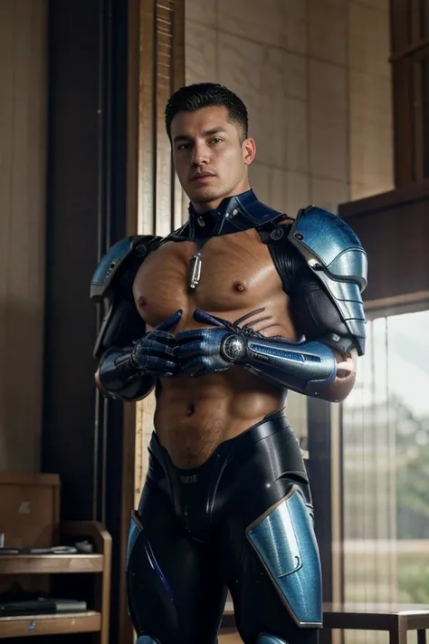 1 mechanical boy , (((masterpiece))), (((best quality))), ((ultra-detailed)), (highly detailed CG illustration), ((an extremely delicate and beautiful)),  closeup shot an image of handsome Aritouch as  huge body top half of the men are people mix robot mec...