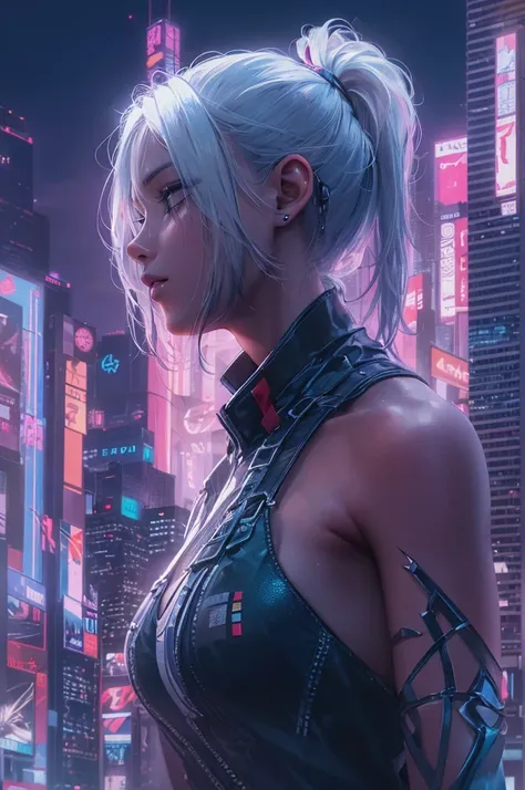 (Praying naked girl with white hair), (the body is thin and slender, tall), (standing at full height), (the girl has different eyes, one eye is blue, the other is green), (a girl against the backdrop of many skyscrapers in the cyberpunk style with neons ) ...