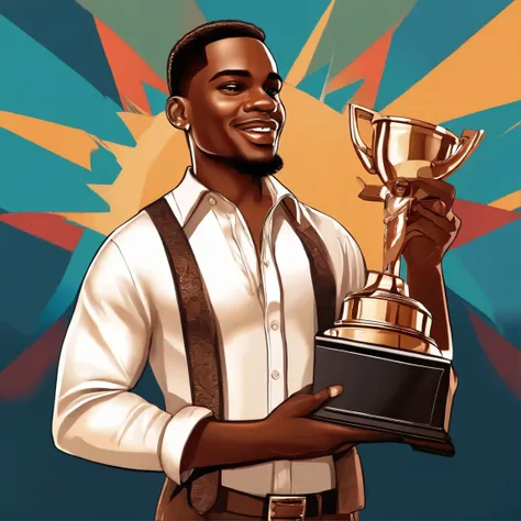  ultra-detailed,(realistic,vector:1.37),illustration Young African-American man, holding an MVP award  ,ultra detailed illustration , vintage design ,cute and quirky, fantasy art, bokeh, digital painting, soft lighting, isometric style, retro aesthetic, fo...