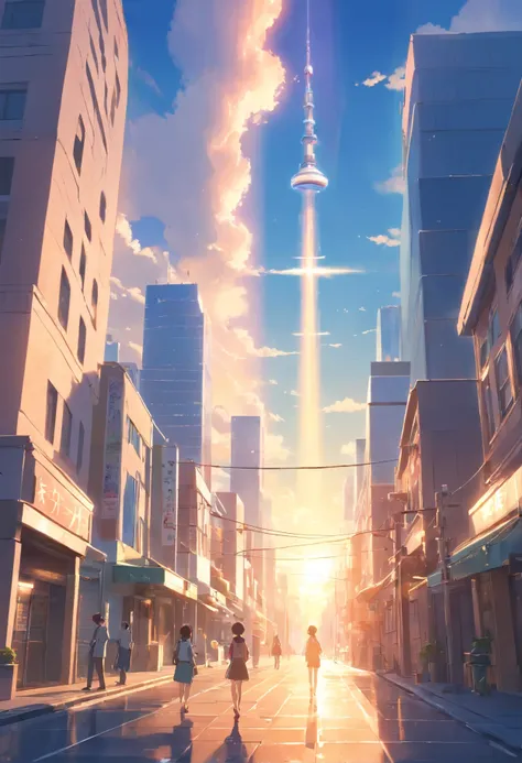 Only 1 part of it is exposed to the sun, Vast sky, Light shining on the city in the morning, glowing light, detailed structure, hyper-realistic, ultra resolution, 8k, realism, no one there