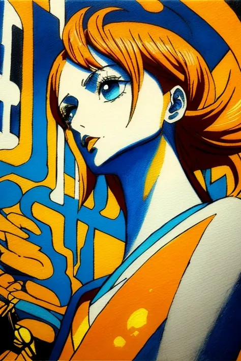 (obra-prima, 4k, ultra detalhado, foto delicada: 1.2), illustration,
 1girl, minimalism, nami from one piece, Eiichirō Oda style, colors should be vibrant and vivid, with a harmonious color palette. UPPER BODY, orange hair, crossed arms, fashion cloths, mo...