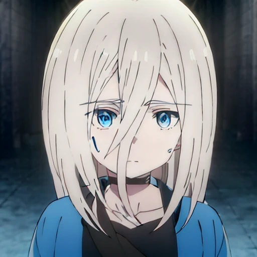 personagem de anime with white hair and blue eyes in a dark room, cabelos brancos, as an personagem de anime, ele tem cabelos grisalhos escuros, Cabelo branco, com cabelos brancos curtos e cortados,  com cabelo branco curto,  com cabelo branco, tensei shit...