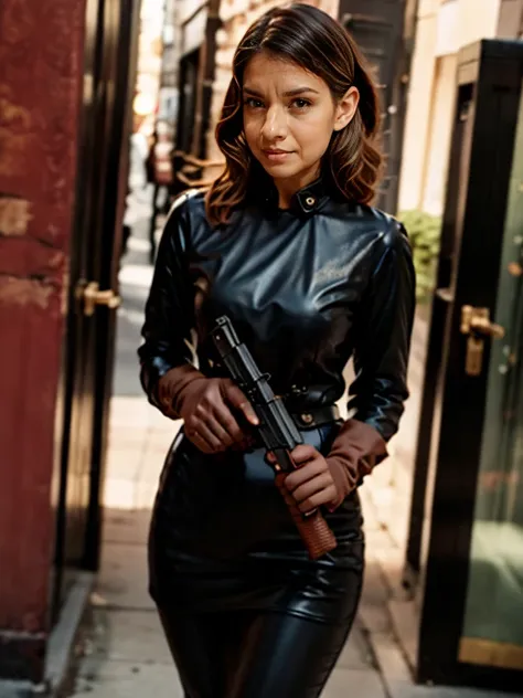 a girl in a black suit holding a gun with both hands with black leather gloves,  raw photo, film grain, 35mm