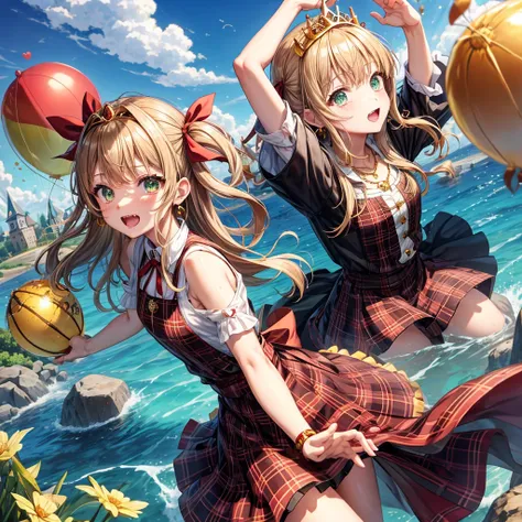 reddish-brown blonde、green eyes、one good looking girl、solo、anime、plaid mini skirt、the skirt has buttons、camisole、black t-shirt、dress、wearing a ribbon、ribbon at waist、cloak、hood、clouds are swirling、stone slabs are piled up、one hand raised、crystal earrings、s...