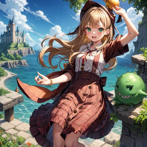 reddish-brown blonde、green eyes、one good looking girl、solo、anime、plaid mini skirt、the skirt has buttons、camisole、black t-shirt、dress、wearing a ribbon、ribbon at waist、cloak、hood、clouds are swirling、stone slabs are piled up、one hand raised、crystal earrings、s...