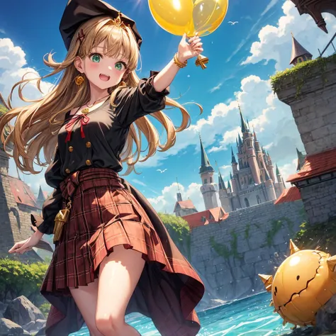 reddish-brown blonde、green eyes、one good looking girl、solo、anime、plaid mini skirt、the skirt has buttons、camisole、black t-shirt、dress、wearing a ribbon、ribbon at waist、cloak、hood、clouds are swirling、stone slabs are piled up、one hand raised、crystal earrings、s...