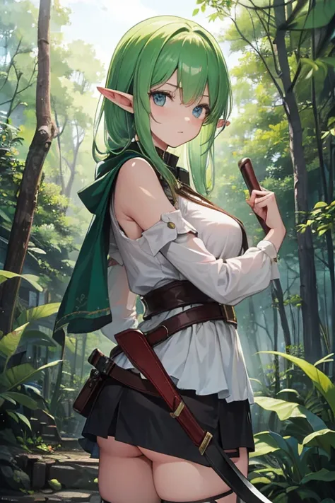 An elf girl holds a machete in a forested city,
