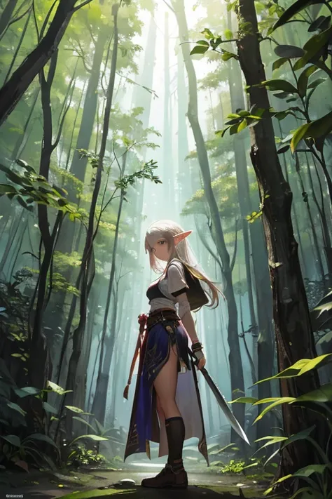 An elf girl holds a machete in a forest temple,
