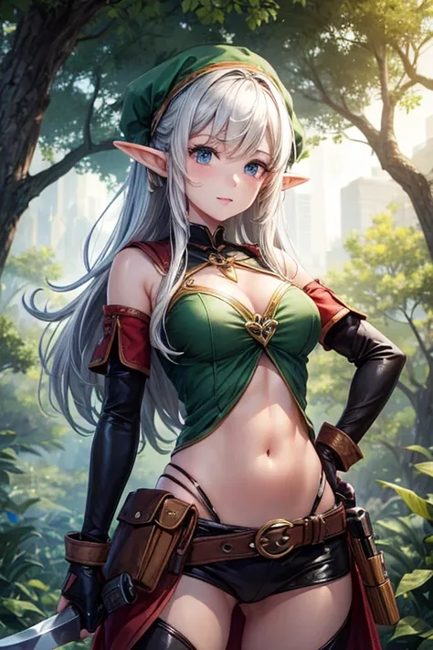 An elf girl holds a machete in a forested city,
