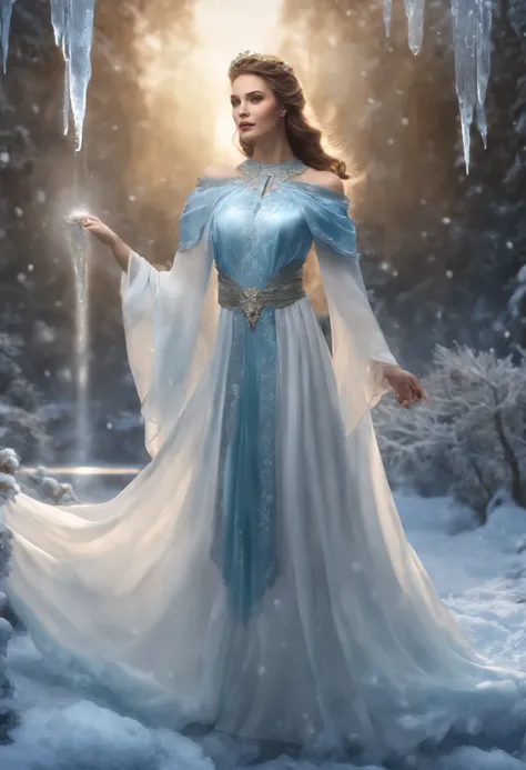 (((1 girl)))，imperial water，magician，（loose dress：1.5），（perfect facial features：1.4），（blue silk robe），（Mysterious magic array：1.2），Blue glow，（Frost Wings），(((Powerful ice magic)))，(((icicle)))，高耸于wind景之上，Blue light cold light，(((Ice storms)))，wind，((Flying...