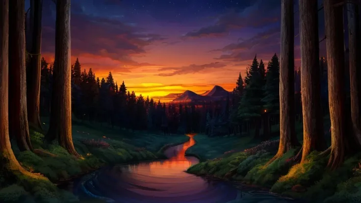 ((best quality)), ((zoom out)), ((scenic)), ((after sunset)), ((landscape)), In a town embraced by nature and grove trees, rumors swirled of the Whispering Grove, where a solitary tree held mystical secrets.