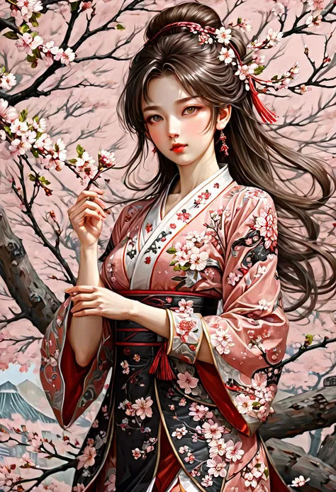 girl, The Sakura Maiden, junoesque, by Tatiana Ivanova, (best quality, masterpiece, Representative work, official art, Professional, Ultra intricate detailed, 8k:1.3)