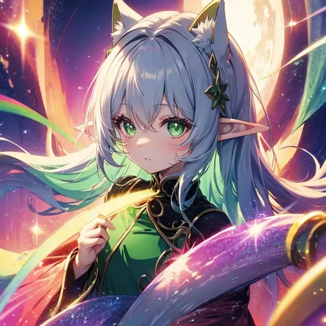 rainbow sparkle background, some cute anime cats arround her, she has green eyes and elf ears