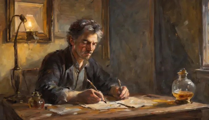 (best quality,masterpiece:1.2), ultra-detailed, (messy hair), (oil painting), (1 man) sitting at a desk writing a letter, vintage oil lamp, yellow lighting, in a room, window, dim light, shadows, melancholic and sad, atmospheric, extremely detailed