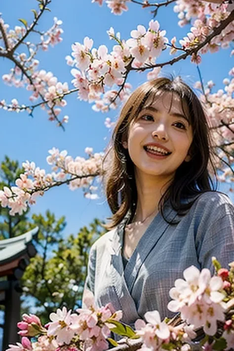 １girl、18-year-old、shrine maiden&#39;s attire、climb a cherry tree and sit on the branch、anatomically correct、laughing、cherry blos...