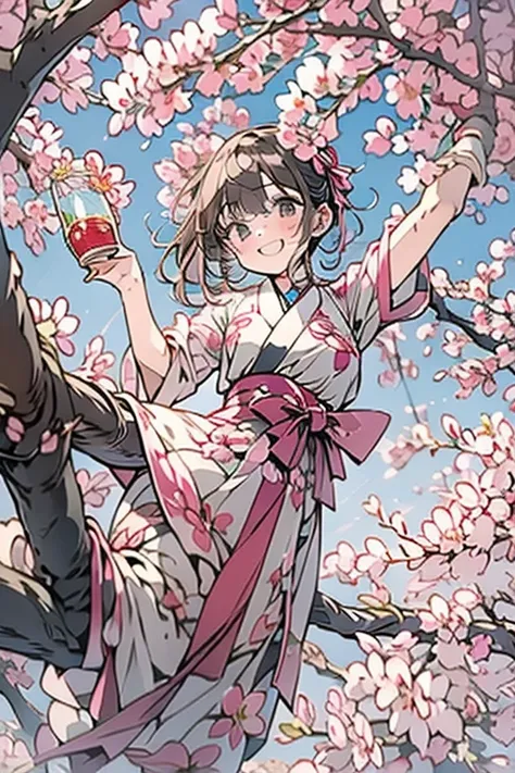 １girl、18-year-old、shrine maiden&#39;s attire、Climb a cherry tree and sit on the branch、anatomically correct、laughing、cherry blossom viewing、drinking juice、Cherry tree in full bloom、Hanabubuki、blue sky、A Japanese shrine can be seen in the distance、dutch ang...