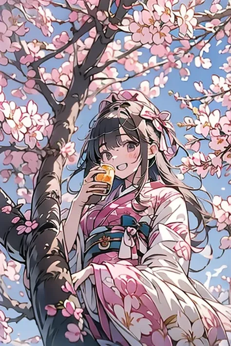 １girl、18-year-old、shrine maiden&#39;s attire、Climb a cherry tree and sit on the branch、anatomically correct、laughing、cherry blossom viewing、drinking juice、Cherry tree in full bloom、Hanabubuki、blue sky、A Japanese shrine can be seen in the distance、dutch ang...