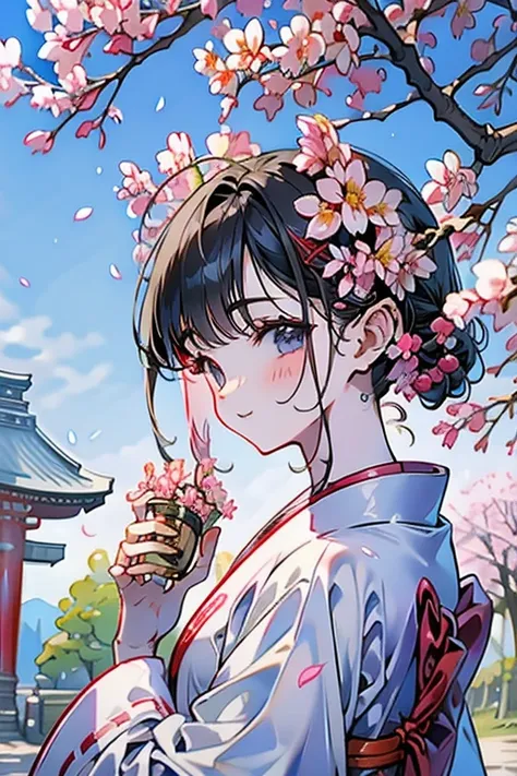 １girl、18-year-old、shrine maiden&#39;s attire、Climb a cherry tree and sit on the branch、anatomically correct、laughing、cherry blossom viewing、drinking juice、Cherry tree in full bloom、Hanabubuki、blue sky、A Japanese shrine can be seen in the distance、dutch ang...