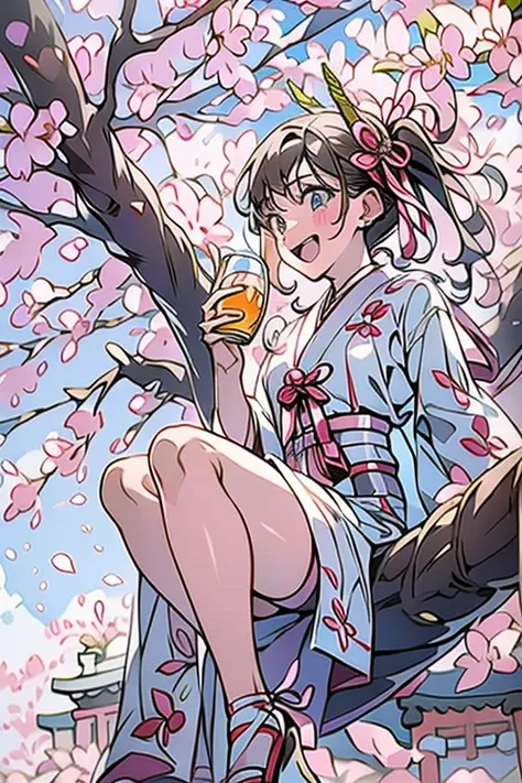 １girl、18-year-old、shrine maiden&#39;s attire、climb a cherry tree and sit on the branch、anatomically correct、laughing、cherry blos...