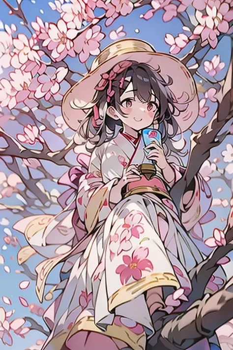 １girl、18-year-old、shrine maiden&#39;s attire、climb a cherry tree and sit on the branch、anatomically correct、laughing、cherry blos...