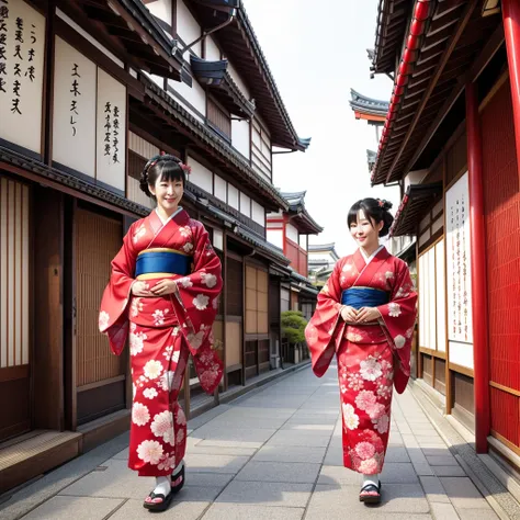 traditional Japanese kimono、One beautiful woman、Walking through the streets of Asakusa、vivid、distinct、masterpiece。