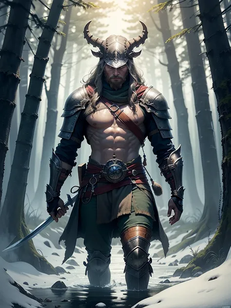 A Viking warrior exploring an ancient forest,[forest explorer:1.1] wearing rugged leather armor [leather armor] and a horned helmet [horned helmet]. The warrior carries a fearsome battle axe [battle axe], adorned with intricate engravings [intricate engrav...