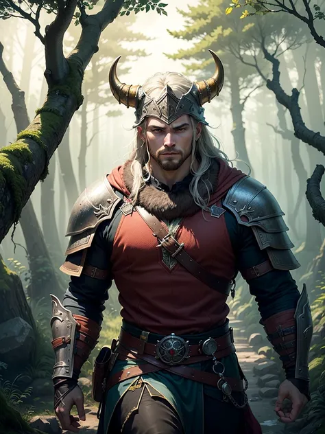 A Viking warrior exploring an ancient forest,[forest explorer:1.1] wearing rugged leather armor [leather armor] and a horned helmet [horned helmet]. The warrior carries a fearsome battle axe [battle axe], adorned with intricate engravings [intricate engrav...