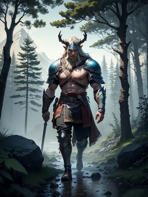 A Viking warrior exploring an ancient forest,[forest explorer:1.1] wearing rugged leather armor [leather armor] and a horned helmet [horned helmet]. The warrior carries a fearsome battle axe [battle axe], adorned with intricate engravings [intricate engrav...