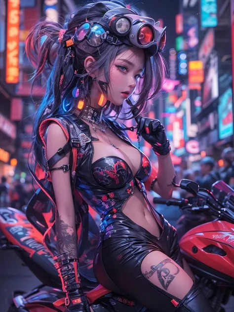 Extremely tall and slim body，Very detailed faceasterpiece, Best quality, Confident cyberpunk girl, Full body shot, ((Stand in front of the motorcycle)), Popular costumes in Harajuku style, Bold colors and patterns, Eye-catching accessories, Trendy and inno...