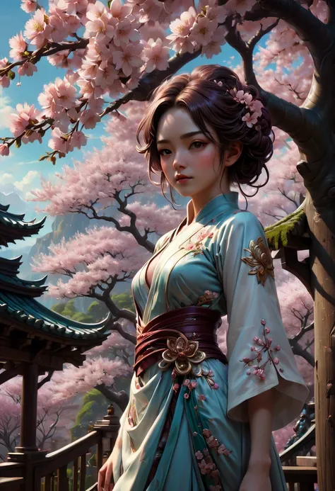 1girl, The Sakura Maiden, Treehouse built in a Cherry Blossom Tree, a very intricate and hyper-detailed oil painting by Daniel F Gerhartz, Clint Cearley, Eve Ventrue, volumetric lighting, gorgeous, swirling ornamentals, fluid acrylic, elegant gradients, ph...