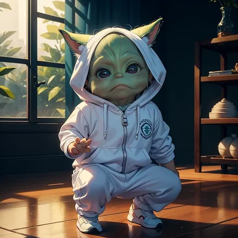 Top-quality masterpiece featuring Grogu, popularly known as Baby Yoda, dressed in a pristine white tracksuit, diligently training in a state-of-the-art gym. The image showcases impeccable details captured with the best quality, encompassing every intricate...