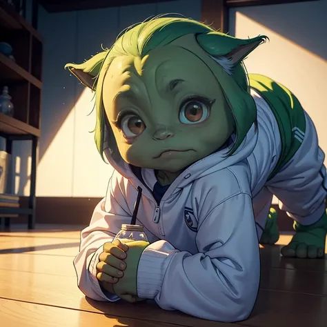 Top-quality masterpiece featuring Grogu, popularly known as Baby Yoda, dressed in a pristine white tracksuit, diligently training in a state-of-the-art gym. The image showcases impeccable details captured with the best quality, encompassing every intricate...