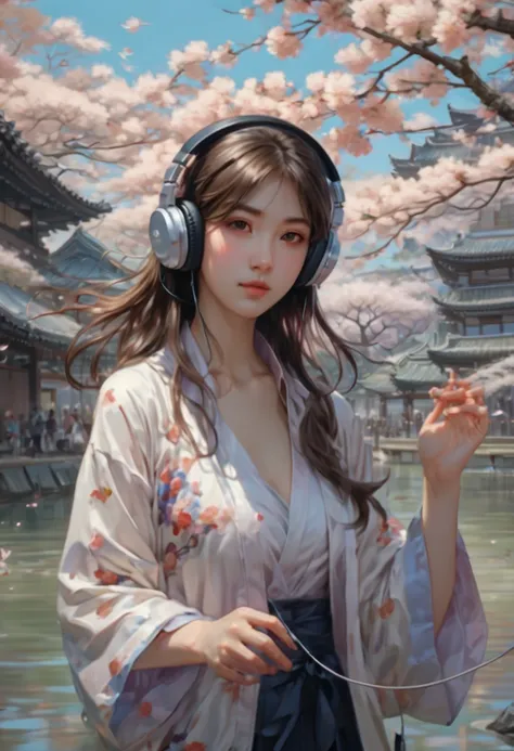 girl listenin to music on headphones, Sakura, junoesque, (best quality, masterpiece, Representative work, official art, Professional, Ultra intricate detailed, 8k:1.3)