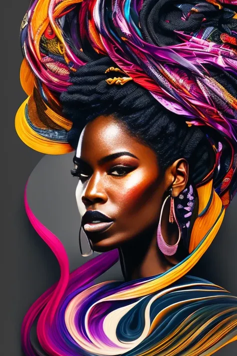 An intricately crafted abstract masterpiece showcases a black woman, radiant and powerful at 40 years old. Her lusciously tangled, cascading black hair is rendered with dynamic brushstrokes and bold colors, embodying the depth of her strength and resilienc...