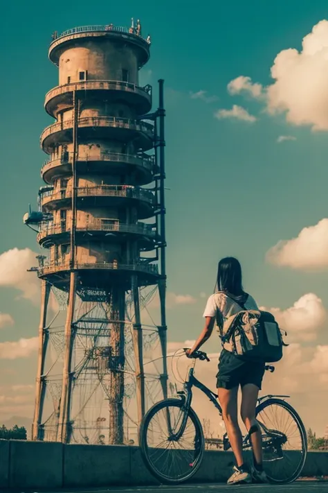 a girl rides a bicycle, in running shorts, short shorts, a very creepy looking tower with lots of tubes and pipes all over the place, no humans, sky, cloud, scenery, cable, industrial pipe