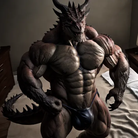 Wingless Monster, Muscular, Male, ((solo)), Pectoral Muscle: 1.2, Big Pecs, Abs, Thong, Big Bulge, Tail, Monster Teeth, (Photo Realistic, Realistic Shadows, High Angle Shot), Claws, Correct Anatomy, Anthro, Furless,  High Quality, Best Quality, Smiling, Ha...