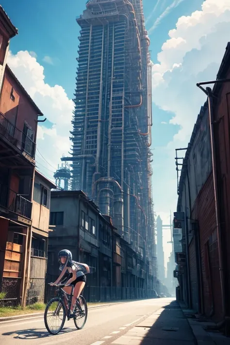 a girl rides a bicycle, in running shorts, short shorts, a very creepy looking tower with lots of tubes and pipes all over the place, no humans, sky, cloud, scenery, cable, industrial pipe