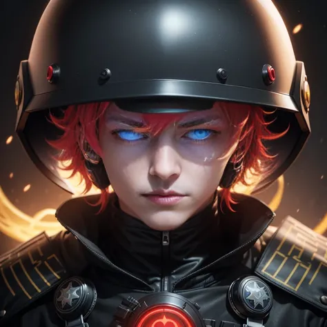 Theres a man with a helmet on his head, featuring a smiley face that gleams brightly. This man, known as Bladee from Drain Gang, is rendered in 8k using an fvckrender engine, surrounded by a red haze that adds an eerie and energetic atmosphere. His 3D char...