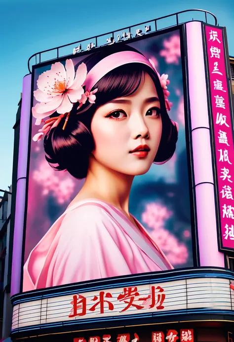 (best quality,4k,8k,highres,masterpiece:1.2),ultra-detailed,on the billboard in the citys cinema, a large poster of the movie with the name "SAKURA MAIDEN", in the background a crowd of people on the streets of a city, (art deco), 70s,