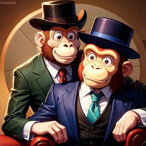 cartoon monkey with a hat and a tie on, bored ape nft, “portrait of a cartoon animal, monkey dressed as a scientist, humanoid monkey fantasy race, monkey, subject= chimp, in style of monkeybone, in style of digital illustration, baboon wearing a suit and t...