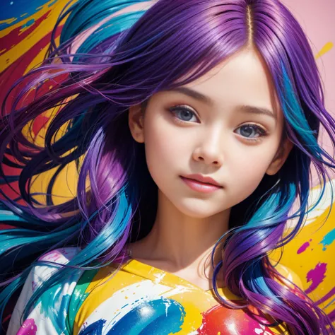 A stunningly colorful girl, 8 years old, with a playful mess of hair, portrayed in an oil painting. Her face is perfectly beautiful, with soft and flawless skin. The artwork showcases a harmonious blend of blue and yellow hues, with delicate additions of l...