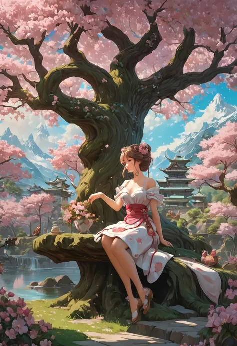 1girl, The Sakura Maiden, Treehouse built in a Cherry Blossom Tree, a very intricate and hyper-detailed oil painting by Daniel F Gerhartz, Clint Cearley, Eve Ventrue, volumetric lighting, gorgeous, swirling ornamentals, fluid acrylic, elegant gradients, ph...