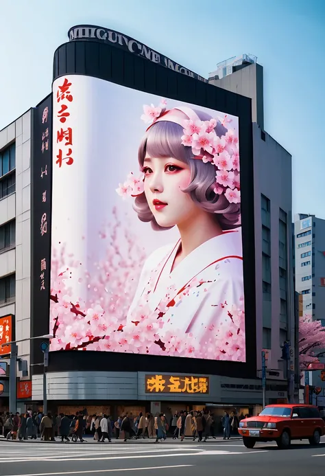 (best quality,4k,8k,highres,masterpiece:1.2),ultra-detailed,on the billboard in the citys cinema, a large poster of the movie with the name "SAKURA MAIDEN", in the background a crowd of people on the streets of a city, (art deco), 70s, japan,