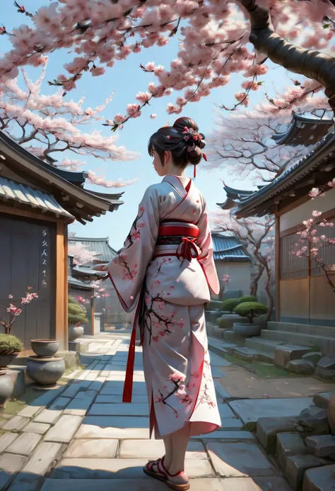 Sakura girl, Japanese style courtyard, cherry blossom tree, junoesque, (best quality, masterpiece, Representative work, official art, Professional, Ultra intricate detailed, 8k:1.3)