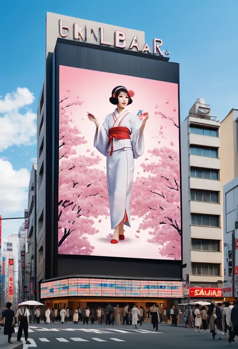 (best quality,4k,8k,highres,masterpiece:1.2),ultra-detailed,on the billboard in the citys cinema, a large poster of the movie with the name "SAKURA MAIDEN", in the background a crowd of people on the streets of a city, (art deco), 70s, japan,