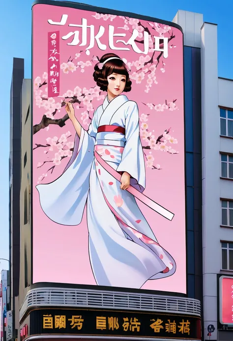 (best quality,4k,8k,highres,masterpiece:1.2),ultra-detailed,on the billboard in the citys cinema, a large poster of the movie with the name "SAKURA MAIDEN", in the background a crowd of people on the streets of a city, (art deco), 70s, japan,