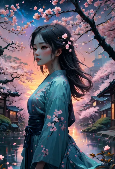 1girl, The Sakura Maiden, aesthetic, Incredible, detailed fluid gouache illustration of an enchanting, glowing sakura garden at sunset by renowned artists including Jeremy Mann and Winslow Homer. Features sharp focus, vivid colors, fireflies and a hyperrea...