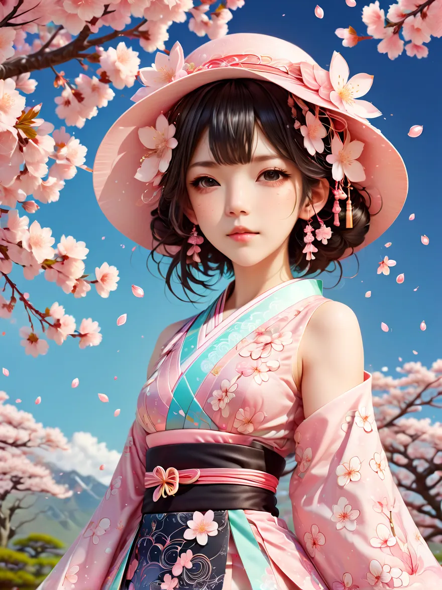 Sakura Maiden，Sakura petals fell gently around her。She has flowing cherry blossom hair，Quiet and sweet expression，(Wearing a dress with a cherry blossom pattern, black socks，Lolita costume，crystal shoes)，pastel color palette，The ethereal beauty of blooming...